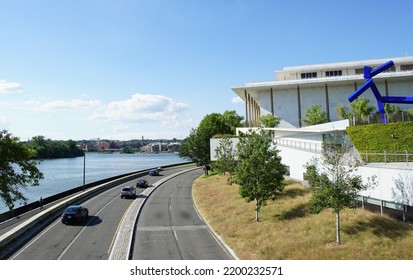 Washington, District Of Columbia, USA - August 16, 2022: Aerial View Of The John F. Kennedy Center For The Performing Arts And The Rock Creek And Potomac Parkway