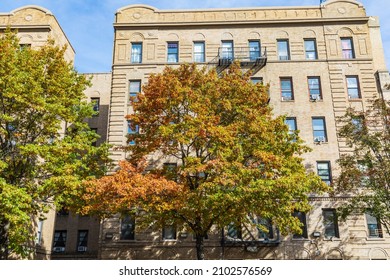 Washington Heights, Manhattan, New York City, New York, USA. Tree colors changing with fall in Washington Heights.