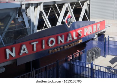 WASHINGTON - JANUARY 12, 2019: NATIONALS PARK - Sign Logo At Entrance To Baseball Franchise Stadium