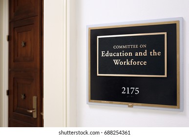 WASHINGTON - JULY 18: A Sign At The Entrance To A House Education Committee Hearing Room In Washington, DC On July 18, 2017. The House Of Representatives Is The Lower Chamber Of The US Congress.