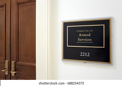 WASHINGTON - JULY 18: A Sign At The Entrance To A House Armed Services Committee Hearing Room In Washington, DC On July 18, 2017. The House Of Representatives Is The Lower Chamber Of The US Congress.