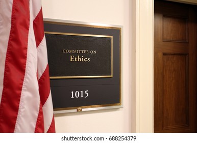 WASHINGTON - JULY 18: A Sign At The Entrance To A House Ethics Committee Hearing Room In Washington, DC On July 18, 2017. The House Of Representatives Is The Lower Chamber Of The US Congress.