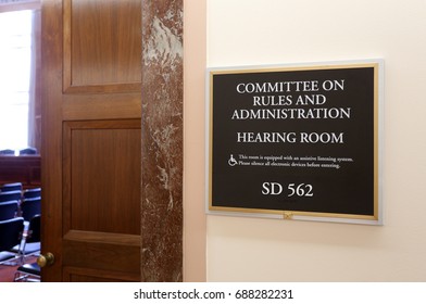 WASHINGTON - JULY 18: A Sign At The Entrance To A Senate Rules And Administration Committee Hearing Room In Washington, DC On July 18, 2017. The Senate Is The Upper Chamber Of The US Congress.