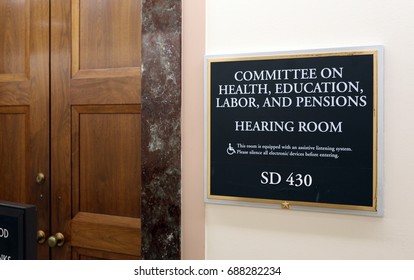 WASHINGTON - JULY 18: A Sign At The Entrance To A Senate Health, Education, Labor, And Pensions Committee Room In Washington, DC On July 18, 2017. The Senate Is The Upper Chamber Of The US Congress.