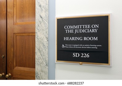 WASHINGTON - JULY 18: A Sign At The Entrance To A Senate Judiciary Committee Hearing Room In Washington, DC On July 18, 2017. The US Senate Is The Upper Chamber Of The United States Congress.