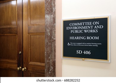 WASHINGTON - JULY 18: A Sign At The Entrance To A Senate Environment And Public Works Committee Hearing Room In Washington, DC On July 18, 2017. The Senate Is The Upper Chamber Of The US Congress.