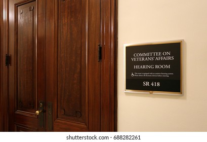 WASHINGTON - JULY 18: A Sign At The Entrance To A Senate Veterans Affairs Committee Hearing Room In Washington, DC On July 18, 2017. The US Senate Is The Upper Chamber Of The United States Congress.