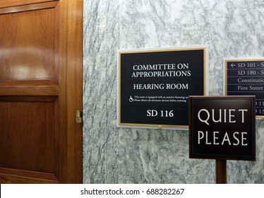 WASHINGTON - JULY 18: A Sign At The Entrance To A Senate Appropriations Committee Hearing Room In Washington, DC On July 18, 2017. The US Senate Is The Upper Chamber Of The United States Congress.