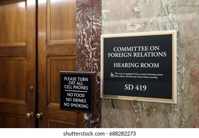 WASHINGTON - JULY 18: A Sign At The Entrance To A Senate Foreign Relations Committee Hearing Room In Washington, DC On July 18, 2017. The Senate Is The Upper Chamber Of The United States Congress.