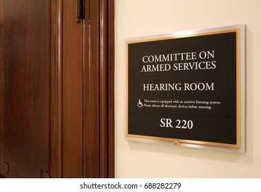 WASHINGTON - JULY 18: A Sign At The Entrance To A Senate Armed Services Committee Hearing Room In Washington, DC On July 18, 2017. The US Senate Is The Upper Chamber Of The United States Congress.