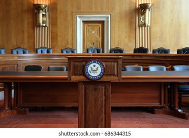 WASHINGTON - JULY 18: A United States Senate committee hearing room in Washington, DC on July 18, 2017. The United States Senate is the upper chamber of the United States Congress.
