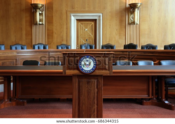 WASHINGTON -\
JULY 18: A United States Senate committee hearing room in\
Washington, DC on July 18, 2017. The United States Senate is the\
upper chamber of the United States\
Congress.