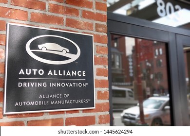 WASHINGTON - JULY 6, 2019: AUTO ALLIANCE Sign And Logo At Headquarters Building. The ALLIANCE OF AUTOMOBILE MANUFACTURERS Is A Trade Group Representing The Auto Industry On Public Policy Issues.