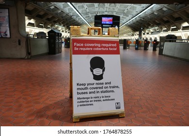 WASHINGTON - JUNE 27, 2020: Face Covering Mask Required While In Train Bus Station - Sign At Metro Entrance