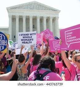 WASHINGTON JUNE 27:  Pro-choice activists await the Supreme Courtâ??s ruling on abortion access in front of the Supreme Court in Washington, DC on June 27, 2016
