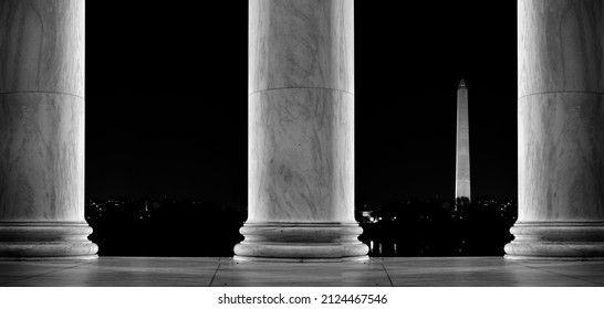 Washington Monument With Jefferson Monument Columns In DC