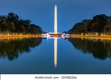Washington monument, mirrored in the reflecting pool