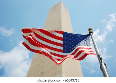 Washington Monument And National Flag Of USA, Washington DC, USA