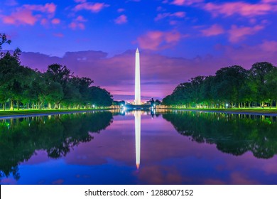Washington Monument on the Reflecting Pool in Washington, D.C. USA at dawn. 