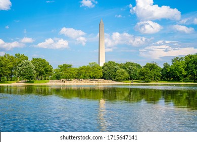 Washington Monument On Sunny Day With Blue Sky Background.