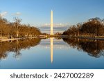 The Washington monument reflected in the Lincoln Memorial Reflecting Pool in Washington D.C.