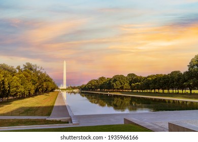 Washington monument reflected on the reflecting pool in nation mall, Washington DC, USA.