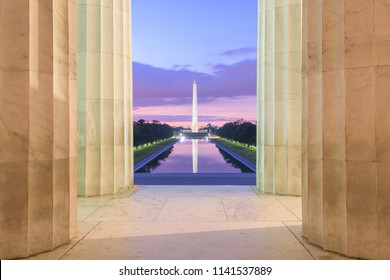 Washington Monument and Reflecting Pool from Lincoln Memorial during twilight in Washington, D.C. 