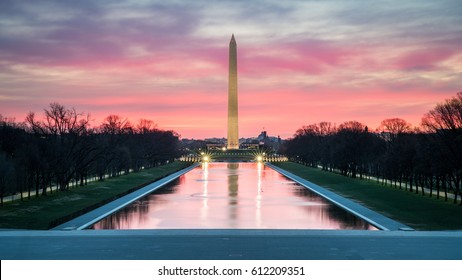 Washington Monument Sunrise from Lincoln Memorial Steps - Shutterstock ID 612209351