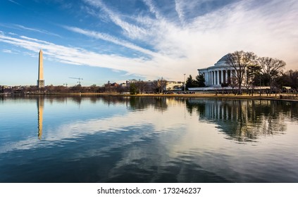 The Washington Monument and Thomas Jefferson Memorial reflecting in the Tidal Basin, Washington, DC. - Shutterstock ID 173246237