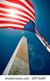 Washington Monument With US Flag