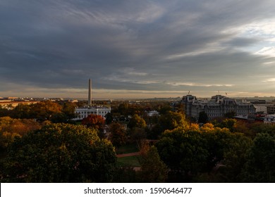 Washington Monument And White House At Sunset In Washing DC