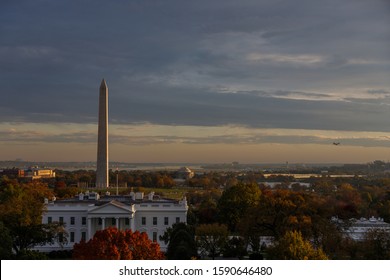 Washington Monument And White House At Sunset In Washing DC