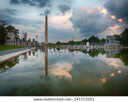 Washington Monument and the WWII memorial reflection in Washington DC.