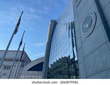 WASHINGTON: OCTOBER 24, 2021: SEC SECURITY AND EXCHANGE COMMISSION Sign And Building Facade. The US SEC Is The Government Agency Responsible For Security Markets.