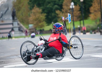 WASHINGTON OCTOBER 28: A hand cyclist  competes in the Marine Corps Marathon on October 28, 2018 in Washington DC