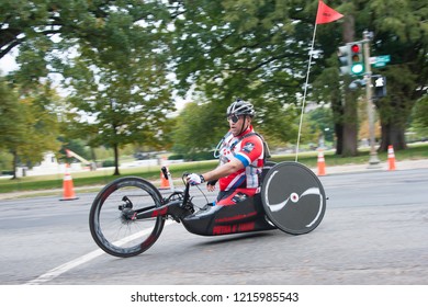 WASHINGTON OCTOBER 28: A hand cyclist  competes in the Marine Corps Marathon on October 28, 2018 in Washington DC