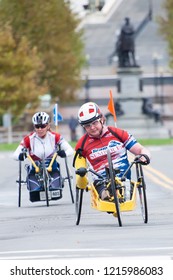 WASHINGTON OCTOBER 28: A hand cyclist completes in the Marine Corps Marathon on October 28, 2018 in Washington DC