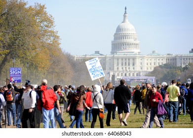 WASHINGTON - OCTOBER 30: Participants gather at the Rally to Restore Sanity and/or Fear on the National Mall on October 30, 2010 in Washington.
