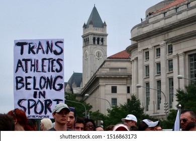 WASHINGTON - SEPTEMBER 28, 2019:  NATIONAL TRANS VISIBILITY MARCH ON DC - sign Trans Athletes Belong in Sport