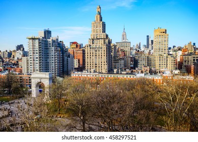 Washington Square Park and Greenwich Village Cityscape in New York City.