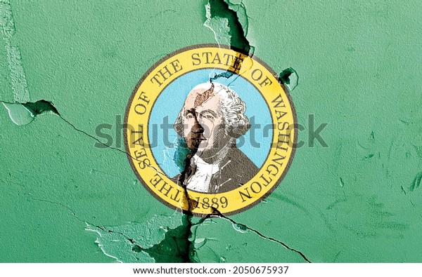 Washington state flag icon grunge pattern\
painted on old weathered broken wall background, abstract US\
Washington State politics economy election society history issues\
concept texture\
wallpaper
