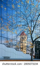 Washington State, Spokane, Convention Center With Reflection Of The Clock Tower