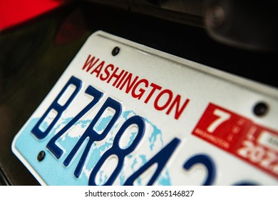 Washington State Vehicle License Plate Close Up. DMV Theme.