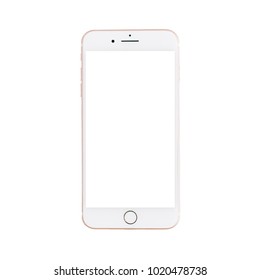 Washington / USA - 5 FEB 2018: Blank screen cellphone iPhone 8 Plus by Apple isolated on white background.