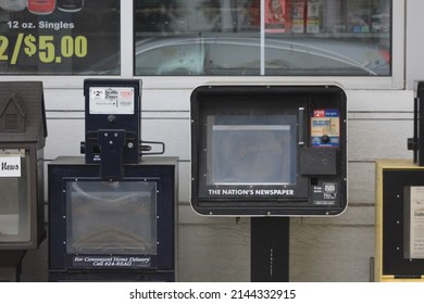 WASHINGTON, USA - April 08 2022 : Empty Newspaper Vending Machines In America.