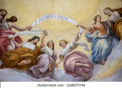 Washington, USA - August 9, 2017: Interior Of The Washington Capitol Hill Dome Pantheon With The Words E Pluribus Unum At The Ceiling From 1865.