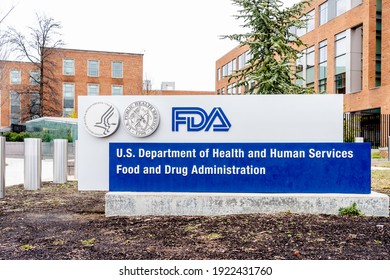 Washington, USA- January13, 2020: FDA Sign outside their headquarters in Washington. The Food and Drug Administration (FDA or USFDA) is a federal agency of the USA.