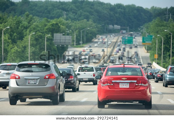 WASHINGTON, USA JUNE, 22 2015 Maryland\
to Washington heavy car traffic Congested highway\
