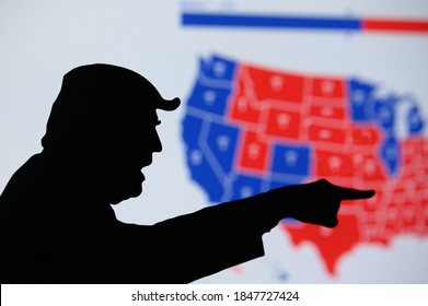 WASHINGTON, USA, OCTOBER 3, 2020: Angry Donald Trump silhouette, react on the Result of Election 2020. President of United States of America not accepting defeat from Joe Biden. US Map in background