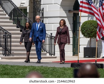 WASHINGTON,DC, U.S. - April 8, 2022: President Biden, Vice President Harris and Judge Ketanji Brown Jackson arrive at the South Lawn to mark Judge Brown Jackson's confirmation to the Supreme Court